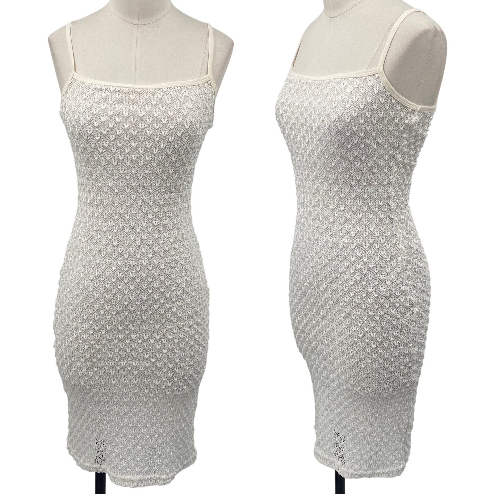 Vintage Y2k Textured Knit Midi Dress Bodycon Spaghetti Strap White Womens Xs